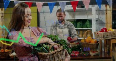 Marketten sebze seçen bir kadın. Animasyon satış çizelgesi ve fiyat etiketi ikonlarıyla. Organik, kırsal, canlı, taze, pazar yeri, sağlıklı, renkli.