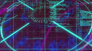 Neon cyan yuvarlak göstergesi, oklar morumsu arka plan üzerinde dönüyor, mavi veri akışı sağlanıyor. Fütürist, dijital, teknoloji, arayüz, siber, yenilik, veri görselleştirme