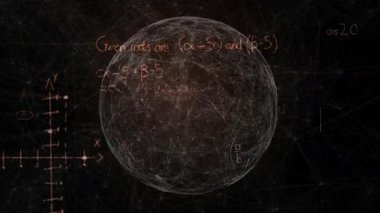 Matematiksel denklemleri ve karanlık ızgara uzayında Kartezyen eksenleri gösteren 3 boyutlu küresel ağ. Dijital, fütüristik, soyut, veri, teknoloji, görselleştirme, bilimsel
