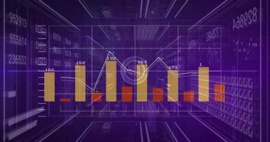 Sunucu rafları arasında ızgara çizgileri olan koridor boyunca uzanan veri grafiklerini gösteren 3D görüntüleme. Gelecekçi, teknoloji, analitik, dijital, yenilik, veri görselleştirme, siber güvenlik