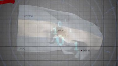 Şebeke arka planında süzülen beyaz örtülü kumaş simülasyonu, kırmızı 3D grafik ve mavi HUD gösteriyor. Fütüristik, teknoloji, veri görselleştirme, dijital arayüz, sanal ortam, analizler, yüksek teknoloji