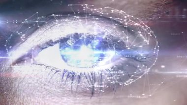 Gerçekçi deri dokusunun üzerinde süzülen biyometrik tarama ağıyla insan gözünü parlatacak. Fütürist, teknoloji, biyometrik, dijital, soyut, yenilik, siber