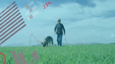 Çayır boyunca gezen yaşlı dişi köpek finans dünyası haritası segmentleri ve turta grafikleri gösteriyor. Açık hava, manzara, doğa, refah, boş zaman, sağlık, görselleştirme