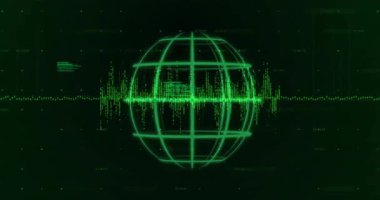 Koyu yeşil arayüzde dönen üç boyutlu kablo küresi, dalga formu grafiği gösteriyor, kod metni yayınlanıyor. Gelecek, teknoloji, veri görselleştirme, dijital, soyut, yenilik, siber güvenlik