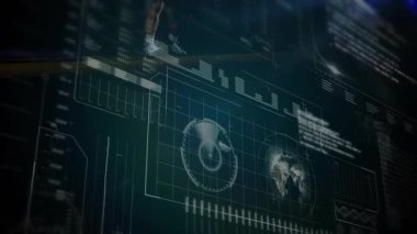 Spor arenasında çömelmiş duran erkek sporcu holografik çizelgeler ve küreyi yansıtıyor. Gelecekçi, yenilikçi, teknoloji, spor giyim, dijital, dinamik, girişim