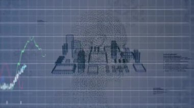 Renkli çizgi grafikleri ve şamdan çizelgelerini gösteren açık mavi ızgarada yüzen ikili haneli bir kafa. Teknoloji, zeka, analitik, veri, dijital, yenilik, görselleştirme