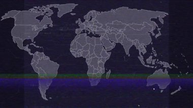 Bozuk ekran üzerinde titreşen stilize dünya haritası altıgenli ve bozuk çubuklu kıtaları ortaya çıkarıyor. Coğrafya, teknoloji, soyut, dijital, ağ, gelecekçilik, veri görselleştirme