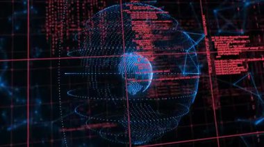 Merkezi mavi matris küresi kırmızı şebeke ile parlıyor, yüzen kod parçaları ve ağ çizgileri. Gelecekçi, dijital, teknoloji, siber, ağ, arayüz, holografik