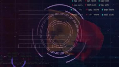 Animasyon finans paneli mor çizelge ve pembe HUD ile siyah-sarı-kırmızı bayrak sallıyor. Teknoloji, finans, veri görselleştirme, yenilik, gösterge paneli, dijital, analiz