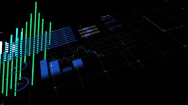 Mavi finans paneli yeşil çubuklar, şamdanlar ve çizgi grafikleriyle gösteriliyor. Veri, analitik, görselleştirme, teknoloji, dijital, yatırım, ön panel