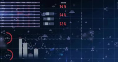 Dünya haritasını, pasta grafiklerini, bar ve şamdan çizelgelerini, ikonları gösteren dijital analitik gösterge paneli. Teknoloji, veri görselleştirme, fütüristik, içgörü, finans, grafik, bilgi