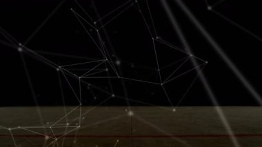 Erkek basketbolcu sahada smaç basıyor, teknoloji ağı hatları üst üste biniyor. Sporcu, performans, enerji, spor, gelecek, hareket, kararlılık