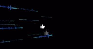 Karanlık dijital arayüz düz dizaynında titreşimli ses dalgaları üzerinde yüzen beş başparmak işareti simgesi. Etkileşimli, veri, modern, teknoloji, analitik, dijital, fütürist