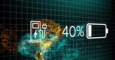Elektrikli araç, eko yaprak simgesi ve% 100 göstergesiyle karanlık şebekeye bağlanıyor. Teknoloji, yenilik, sürdürülebilirlik, enerji, fütüristik, dijital arayüz, çevre