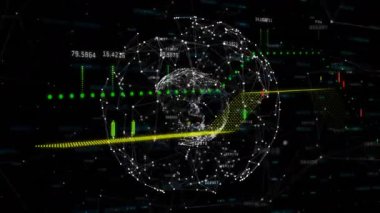 Gösterge panelinde genişleyen veri küresi, yeşil şamdan çizelgeleriyle dans eden düğümleri gösteriyor. Soyut, dijital, fütüristik, analitik, görselleştirme, ağ, teknoloji