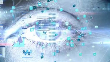İnsan gözü, yüzen holografik UI 'yı simgeler, grafikler ve çizgi grafikleriyle üç boyutlu olarak entegre ediyor. Gelecek, teknoloji, dijital, arayüz, holografi, biyometrik, yenilik