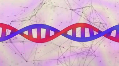 DNA ikili sarmallar, ağ düğümleri ve veri noktaları ile olay yerinde zikzak çizerek görselleştiriliyor. Bilim, biyoteknoloji, veri görselleştirme, dijital sanat, fütüristik, soyut, yenilik