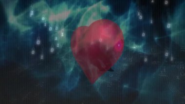 Kırmızı kalp karanlık ızgaranın üzerinde yüzüyor, ikili rakamlar yayıyor ve dönen deniz mavisi dijital enerji. Gelecekçi, soyut, teknoloji, yenilik, dijital, siber, sanal