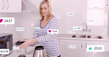 Kadın mutfaktaki smoothie 'yi sosyal pazarlama için yüzen kalplerle harmanlıyor. Modern, minimalist, canlı, yerli, yaşam tarzı, aşçılık, teknoloji