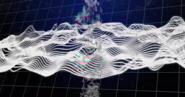 Perspektif ızgarasının üzerinde süzülen beyaz noktalı dalga formu ağ kümeleri ve arıza parçacıkları yayıyor. Fütürist, soyut, dijital alarm, siber, neon, teknoloji, veri