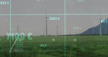 Çubuk ve çizgi grafiği, çim alanı üzerinde türbinlerle görüntülenerek para birimi eğilimlerini gösteriyor. Yenilenebilir enerji, sürdürülebilirlik, veri görselleştirme, finansal analiz, çevre dostu, kırsal manzara, teknoloji