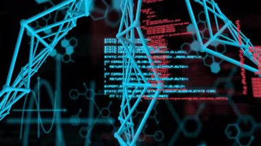 3 boyutlu cyan kafes yapısı arayüzde gösteriliyor, altıgen moleküller, dalga biçimi ve kodla. Gelecek, teknoloji, görselleştirme, dijital, soyut, veri, ağ