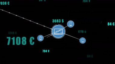 Bilgisayar ve telefon simgelerini birbirine bağlayan ağ düğümleri siyah arkaplanda para birimi etiketlerini gösteriyor. Teknoloji, bağlantı, dijital, veri, siber güvenlik, yenilik, iletişim