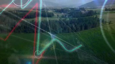 Veri analizleri kırsal vadi dron görüntüsü üzerinde, şeffaf bar çizelgeleri ile görselleştiriliyor. Coğrafya, teknoloji, görselleştirme, analitik, manzara, sürdürülebilirlik, kırsal