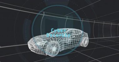 Karanlık ızgaranın üzerinde yüzen 3 boyutlu kablo modelimiz deniz mavisi HUD posta ve arama simgeleri gösteriyor. Gelecek, teknoloji, otomotiv, görselleştirme, mühendislik, arayüz, dijital
