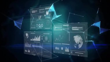 Karanlık boşlukta dönen üç boyutlu holografik küre, şeffaf veri panelleri ve kablo örgülerini gösteriyor. Teknoloji, analitik, görselleştirme, yenilik, fütüristik, dijital, ağ