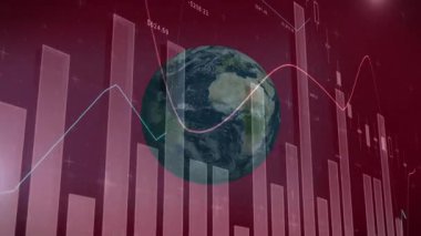 3 boyutlu Dünya küresi yarı saydam bar grafikleri, şamdanlar ve renkli çizgiler sergiliyor. Coğrafya, finans, analitik, teknoloji, veri görselleştirme, yatırım, dijital arayüz