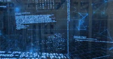 Sunucu raflarında parlayan mavi kod düz dizayndaki spiralleri ve şebeke şebekesini ortaya çıkarıyor. Teknoloji, veri, siber güvenlik, dijital, ağ, yenilik, fütüristik