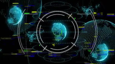 Holografik küreyi yansıtan fütüristik arayüz, reticle ve glitch çubuklarını 3 boyutlu olarak gösteriyor. Teknoloji, yenilik, siber alan, veri görselleştirme, dijital ağ, bilim-kurgu, sanal ortam