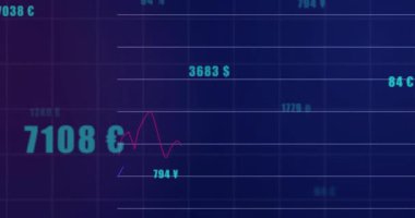 Kesişen kırmızı ve mavi çizgi grafikleri açık mavi sütunlarla koyu mavi ızgara üzerinde hareket ediyor. Finans, veri görselleştirme, analitik, dijital arayüz, yatırım, eğilim analizi, kurumsal