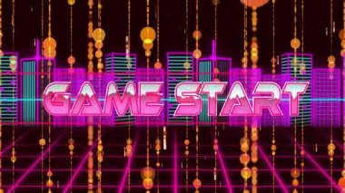 Oyun Başlat metni canlandırılıyor, neon şebeke zeminini, yıldız kıvılcımlarını, düz tasarımı gösteriyor. Siberpunk, fütürist, dijital, canlı, sürükleyici, bilim kurgu, animasyon