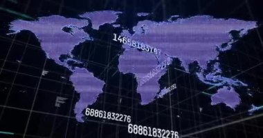 Mor nokta matris haritası, beyaz sayısal veri akışlarını gösteren karanlık şebeke düzleminde canlandırılıyor. Teknoloji, veri görselleştirme, dijital arayüz, fütüristik, siber, analitik, ağ