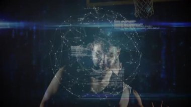 Stüdyoda veri analizi yapan iki erkek arkadaş, yüzen dijital düğümler ve mavi ışık fişekleri. Teknoloji, siber güvenlik, yenilik, dijital, fütüristik, veri bilimi, bilgisayar görselleştirme