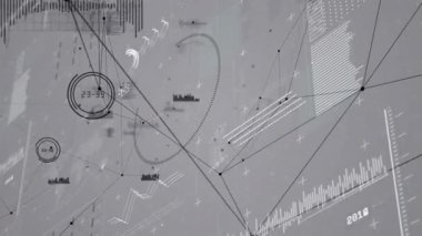 Dairesel düğümleri birbirine bağlayan ince siyah çizgiler, düz dizayn tarzında veri örtülerini canlandırıyor. Fütürist, teknoloji, analitik, dijital, soyut, siber, arayüz