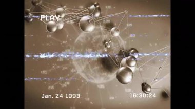 Üç boyutlu sepia sanatında yüzen ve sayısal etiketlere bağlanan metalik kürelerin soyut ağı. Futuristik, teknoloji, yenilik, bağlantı, siber, dijital sanat, vintage