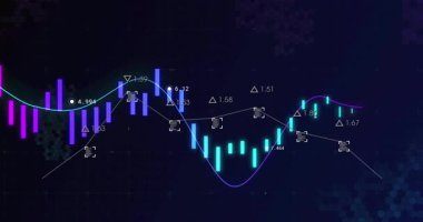 Karanlık ızgara üzerinde sergilenen şamdan grafiği neon mor deniz mavisi çubukları ve trend çizgilerini gösteriyor. Finansal analiz, dijital arayüz, veri görselleştirme, teknik ticaret, modern tasarım, yatırım, pazar eğilimleri