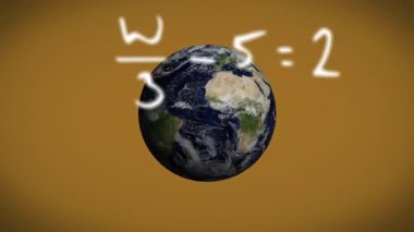 Yerküre küre sıcak kahverengi arka planda yüzüyor, beyaz matematik denklemleri 3 boyutlu şekil veriyor. Coğrafya, eğitim, matematik, bilim, kavramsal, dijital sanat, akademik