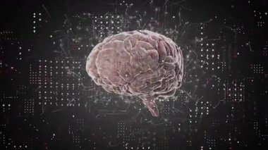 3D beyin, parlayan kırmızı ve beyaz veri parçacıklarıyla çevrili karanlık dijital uzayda görselleştiriliyor. Gelecekçi, yenilikçi, biyoteknoloji, yapay zeka, veri görselleştirme, bilim, bağlantı