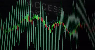 Düz tasarım finans şeması sahnede turkuaz barlar, kırmızı yeşil mumlar, mavi çizgi. Veri görselleştirme, analitik, siber güvenlik, finansal, dijital arayüz, yatırım, grafik verileri