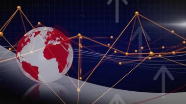 Lacivert bölgede dönen beyaz kırmızı küre bölgeleri birbirine bağlayan altın veri düğümlerini gösteriyor. Küre, veri görselleştirme, dijital arayüz, fütüristik teknoloji, ağ teknolojisi, soyut tasarım, bağlantı