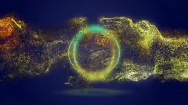 Işıldayan torus halkası donanmanın karanlık boşluğunda yüzüyor, dönen turuncu beyaz parçacık dalgalarıyla birlikte. Soyut, dijital sanat, fütüristik, canlı, hareket, enerji, bilim kurgu