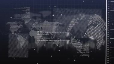 Noktalı dünya haritası, saydam UI panelleri ve kod örtüleri içeren dijital gösterge panelinde genişliyor. Dijital, veri, analitik, fütüristik, teknoloji, görselleştirme, arayüz