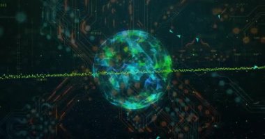 Karanlık ağ boşluğunda yüzen dijital küre, yüzleri, sürüklenen veri noktalarını ve parlayan küreleri gösteriyor. Teknoloji, yenilik, bağlantı, siber alan, veri, fütürist, görselleştirme