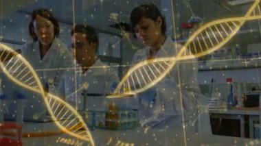 Araştırma laboratuarı bankında çalışan üç bilim adamı parlayan DNA sarmalları ve şebeke örtüleri sergiliyorlar. Bilim, yenilik, biyoteknoloji, araştırma, deneysel, takım çalışması, teknoloji