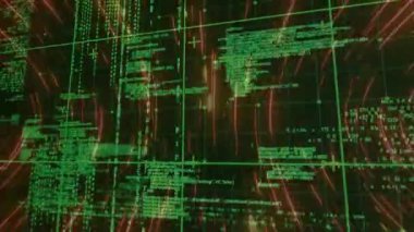 Sanal ağ gösterge paneli canlandırması, şebeke düğümleri ve kırmızı çizgilerle yeşil kod bloklarını gösteriyor. Siber güvenlik, dijital, fütüristik, soyut, teknoloji, arayüz, veri