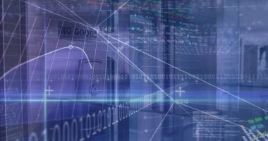 Ofis üzerinde finansal veri işleme resmi. Küresel iş dünyası dijital arayüz teknolojisi ve dijital olarak oluşturulan ağ konsepti.